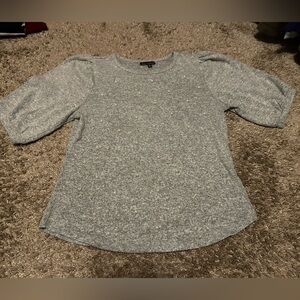 Pearl-Embellished Gray Puff Sleeve Knit Top